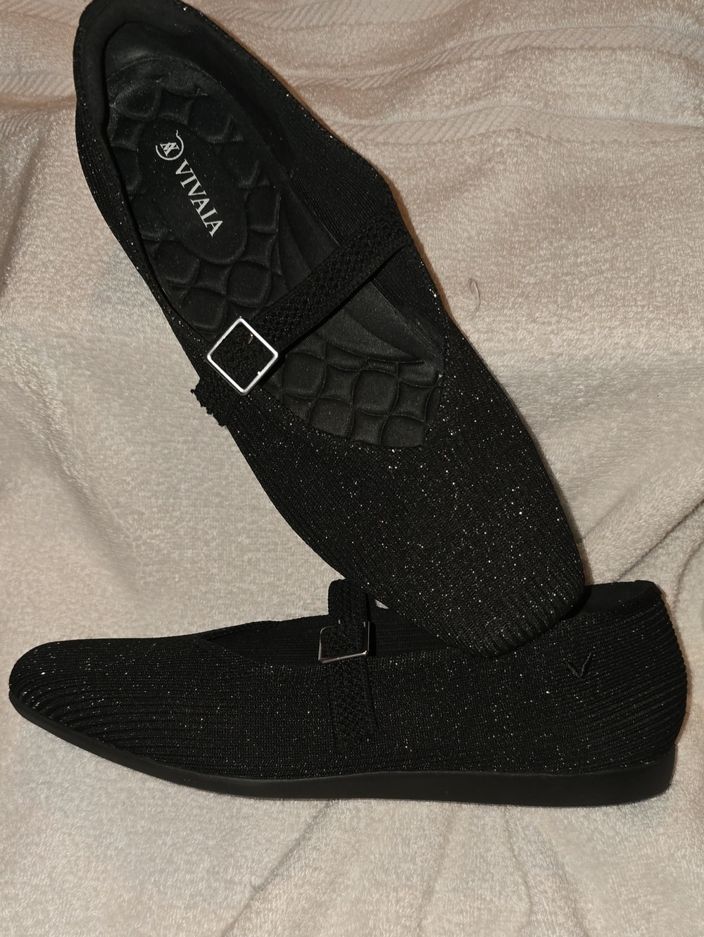 VIVAIA Margot Mary Jane Square Toe Flats Black Glitter Knit Size 10